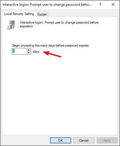 Окно настройки количества дней до истечения пароля, за которые показывается напоминание