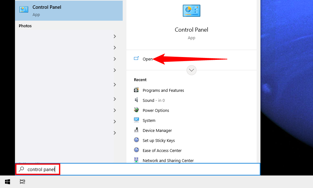 Поиск «Панель управления» в меню Пуск и открытие результата