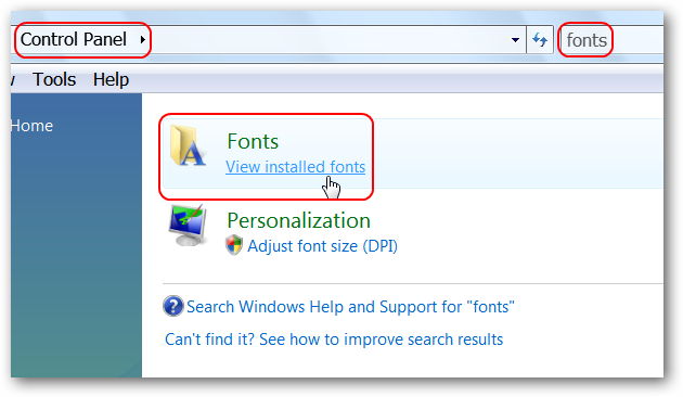 Скрытие шрифта недоступно в Vista