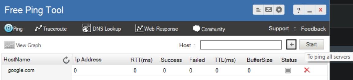 Запуск теста ping нажатием кнопки «Пуск» в Free Ping Tool