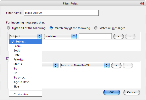 Окно создания нового правила фильтра с условиями и действиями