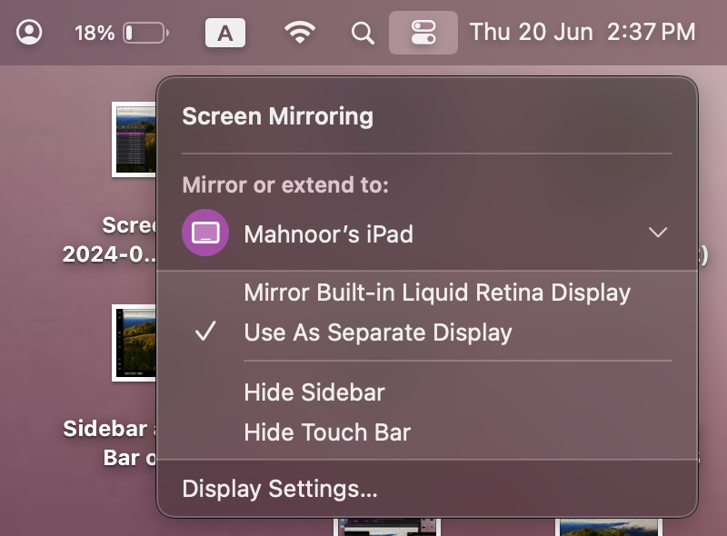 Опция скрыть боковую панель и Touch Bar