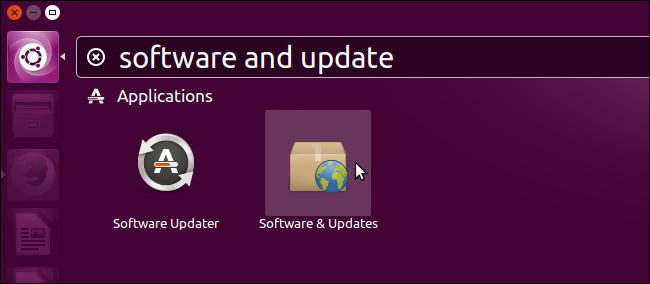Окно поиска и значок Software & Updates