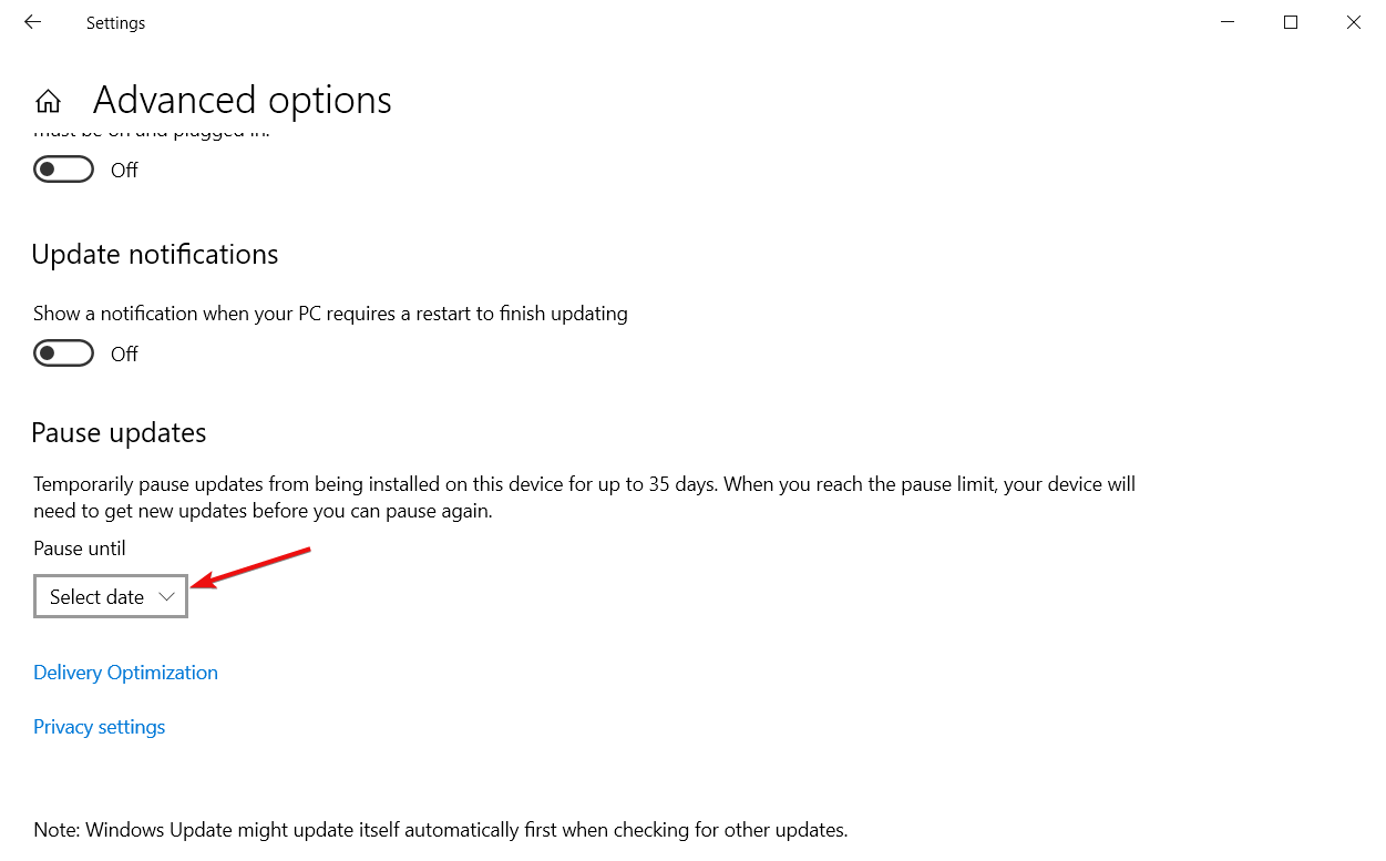 Пауза обновлений — выбор даты