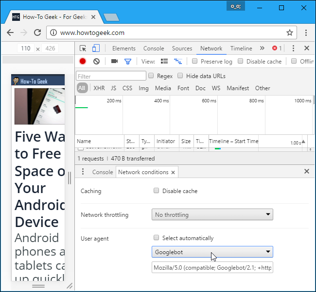 Пример выбора кастомного User agent в Chrome