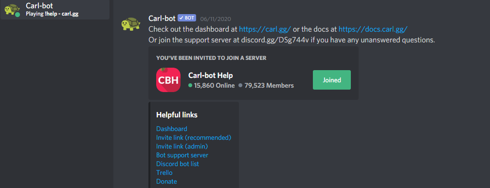 Панель помощи Carl Bot с командами