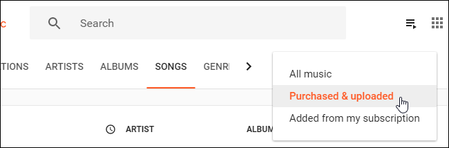 Фильтр «Купленные и загруженные» в библиотеке Google Play Music