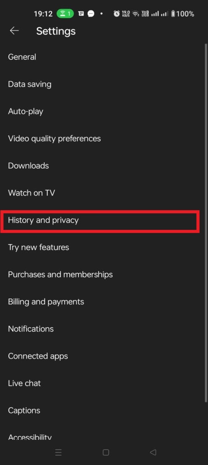 opción pausar historial en Android