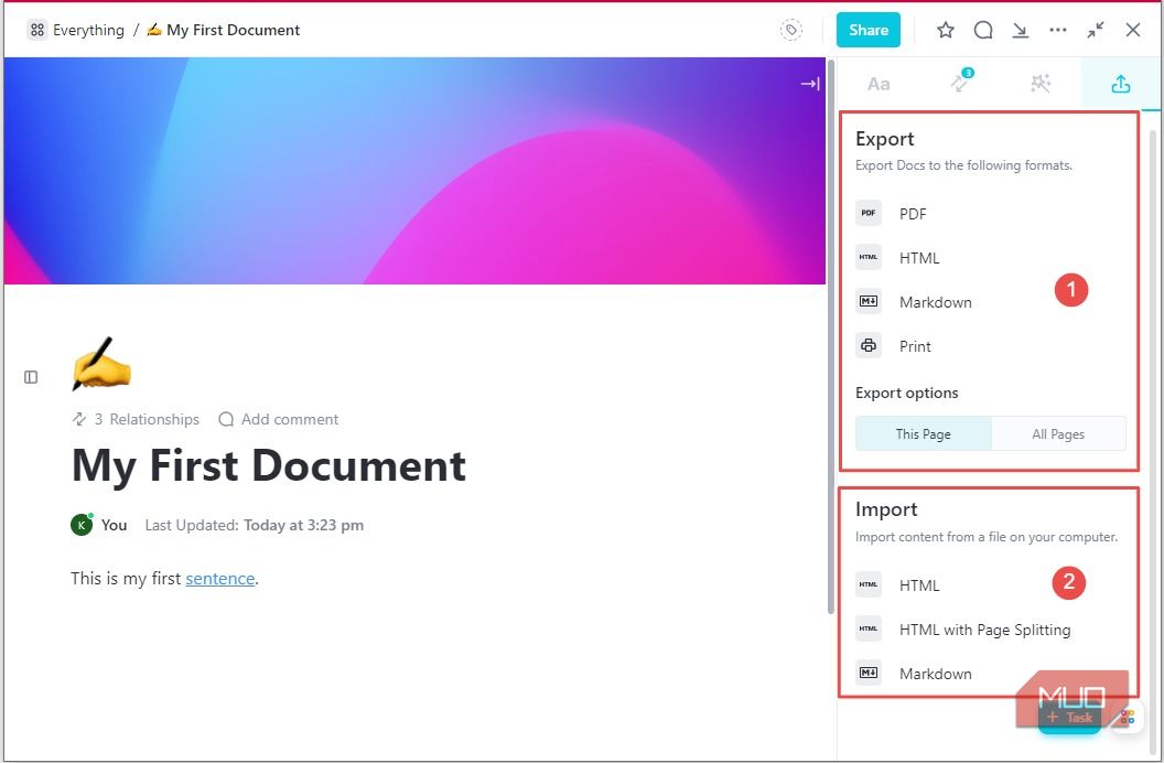 Импорт и экспорт в ClickUp Docs