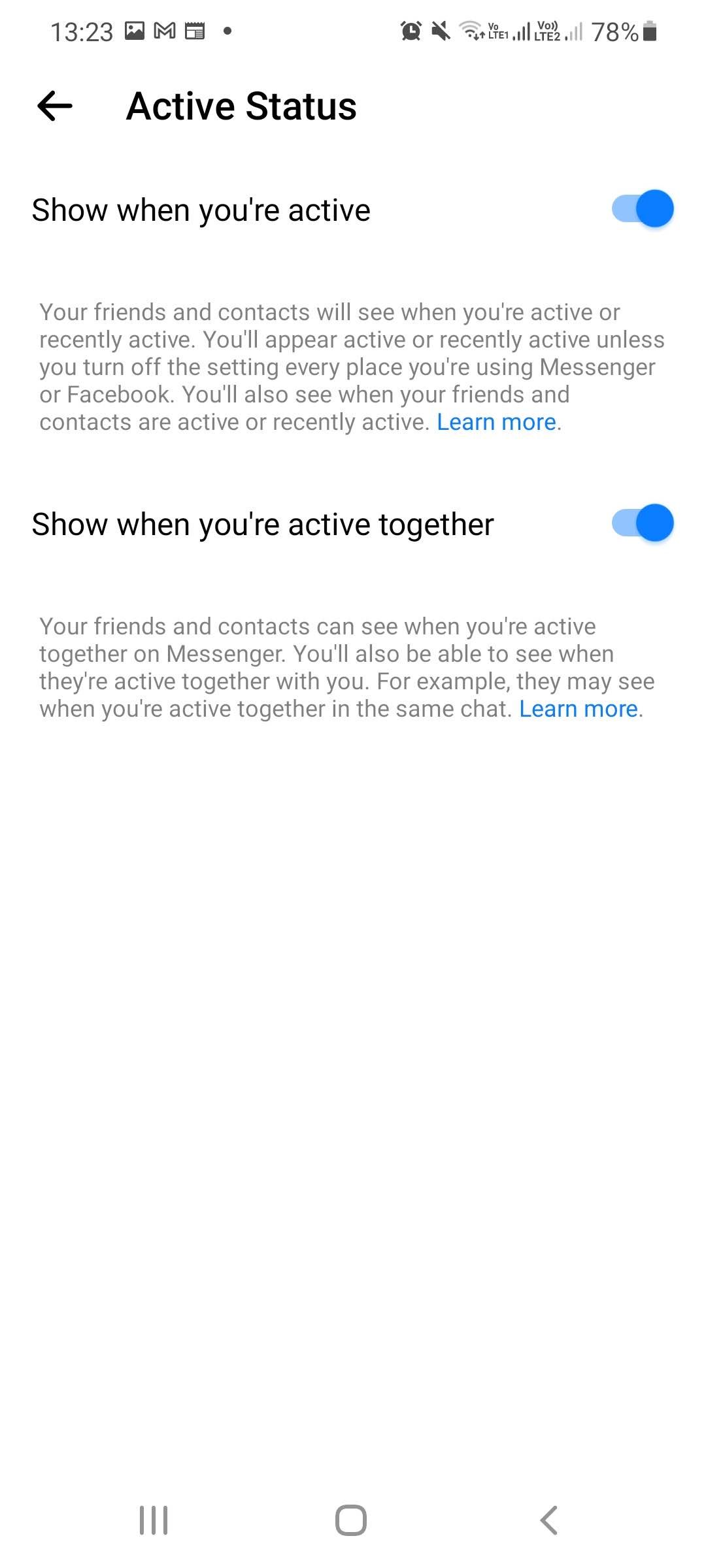 Настройки 'Активный статус' в мобильном приложении