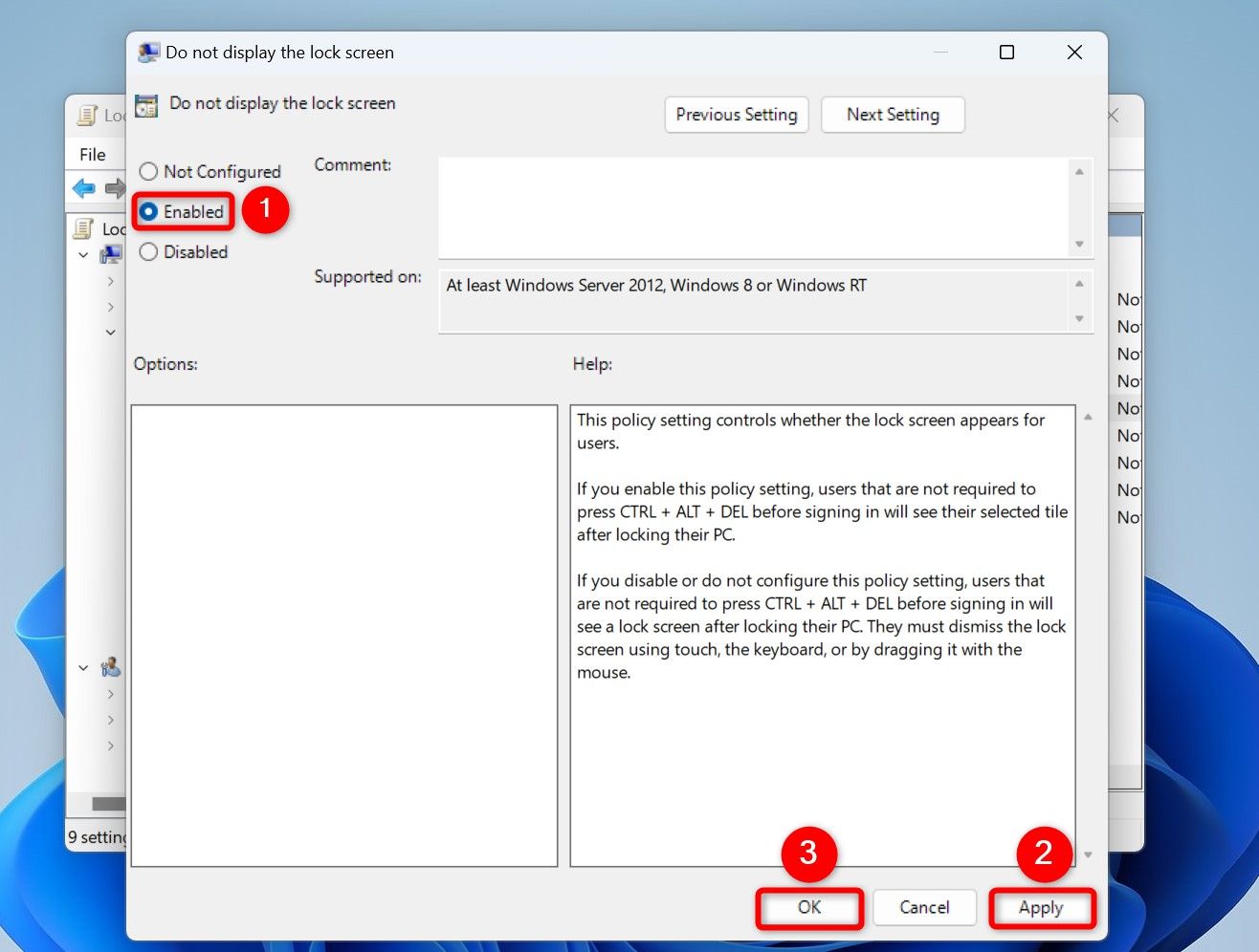 Окно 'Do Not Display the Lock Screen': выделены 'Enabled', 'Apply', 'OK'
