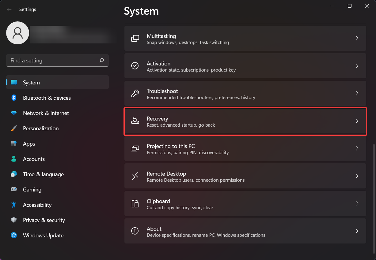 Параметры — Восстановление