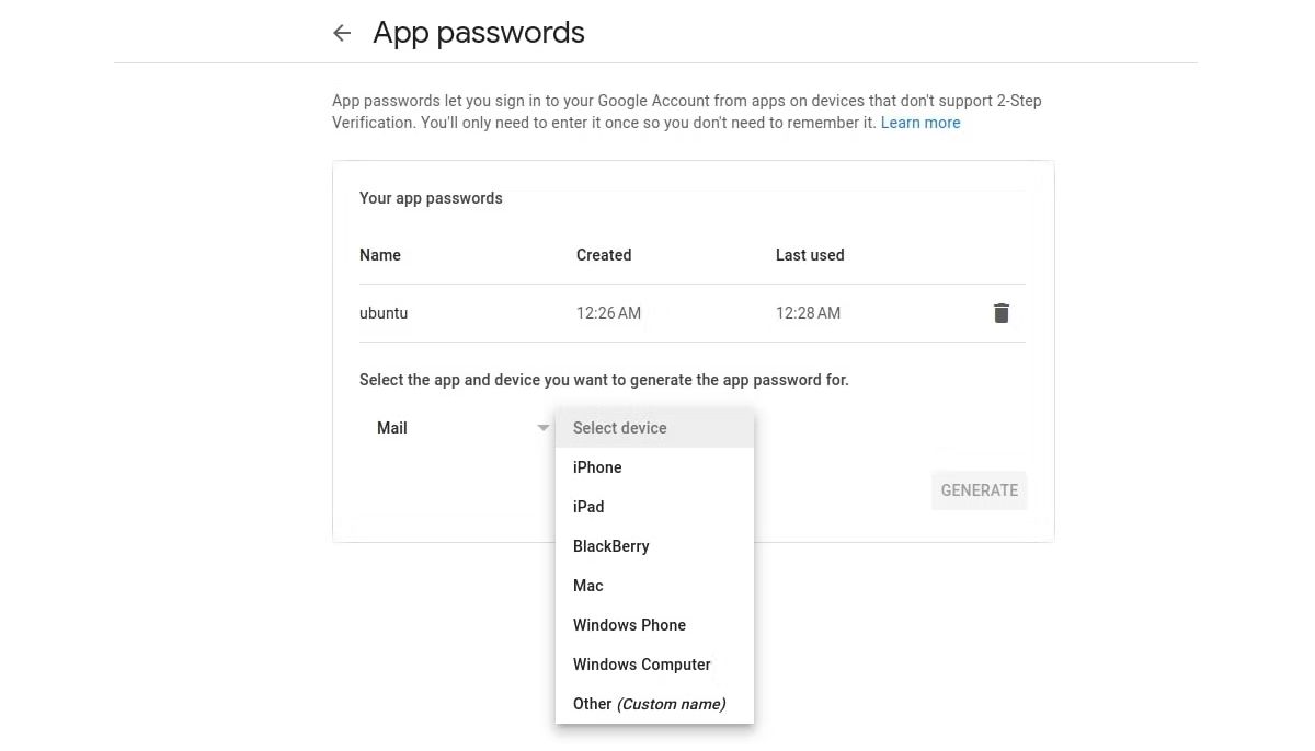 Выбор устройства на странице паролей приложений Google