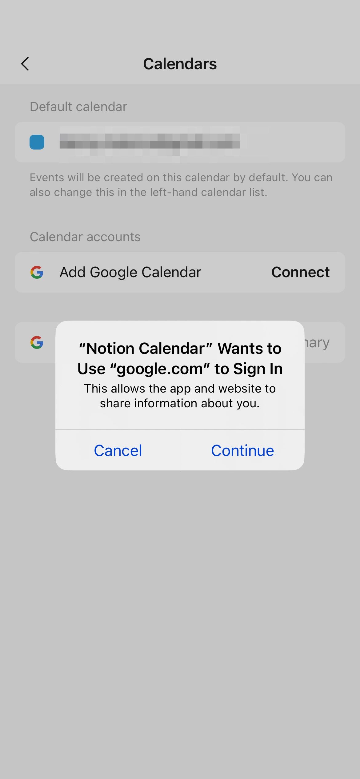 Поп-ап для входа в Notion Calendar через браузер