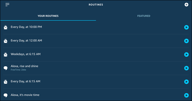 Страница с расписаниями в приложении Alexa: список созданных рутин.