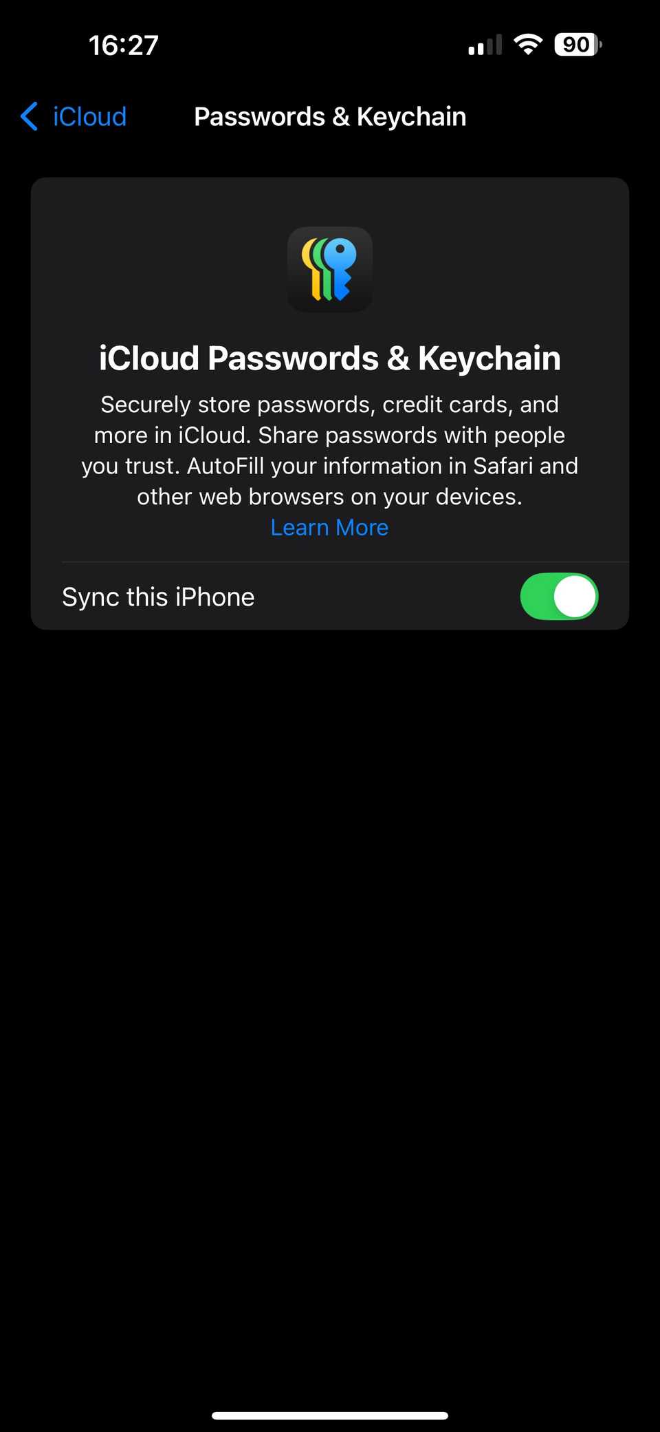 Enabling the Sync this iPhone option for the Passwords app on an iPhone.