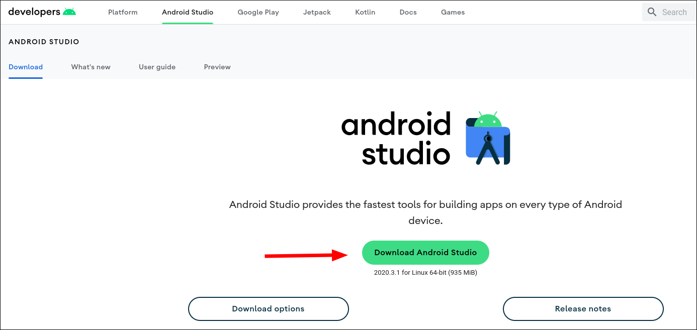 Скриншот страницы скачивания Android Studio