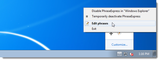Контекстное меню значка PhraseExpress в трее