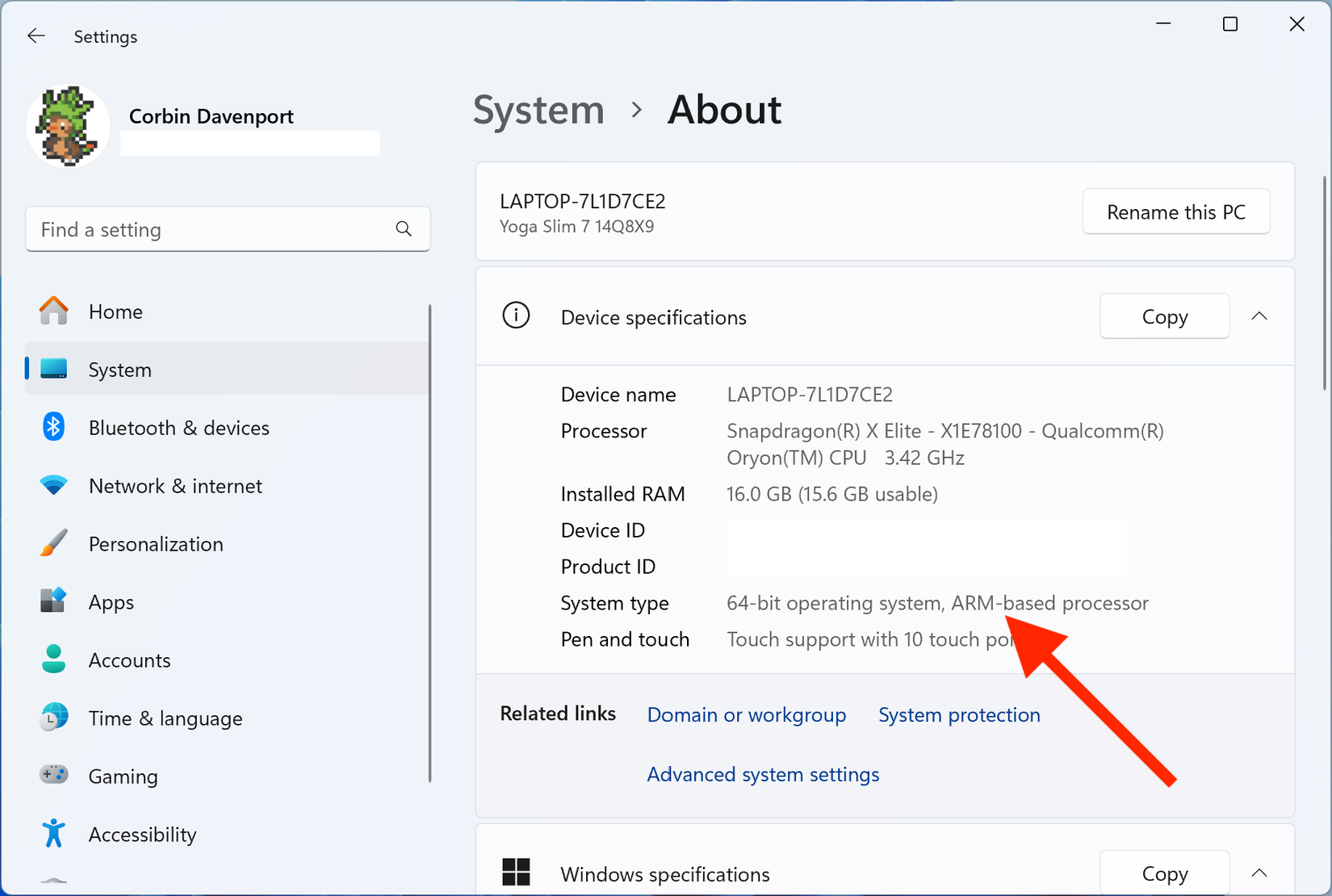 Метка процессора ARM в настройках Windows