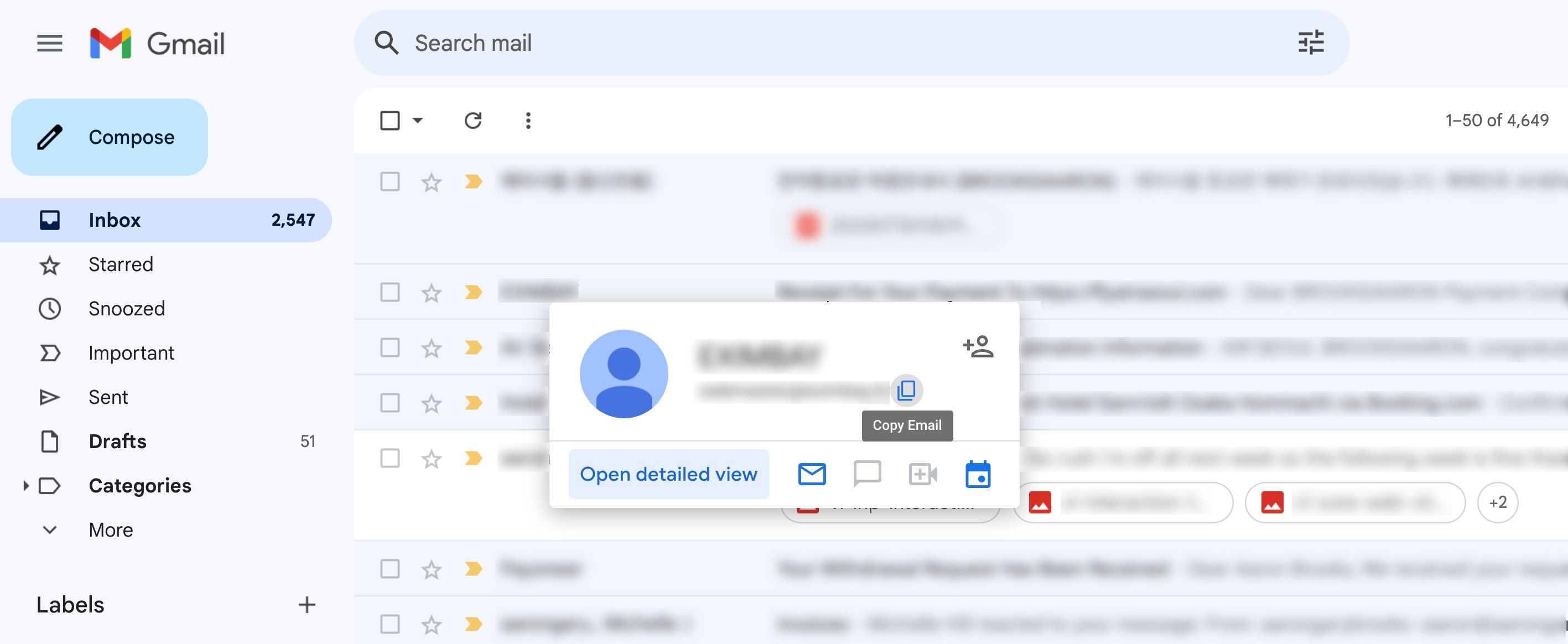 Наведение курсора на имя отправителя в Gmail, показывающее информацию о контакте и возможность скопировать адрес