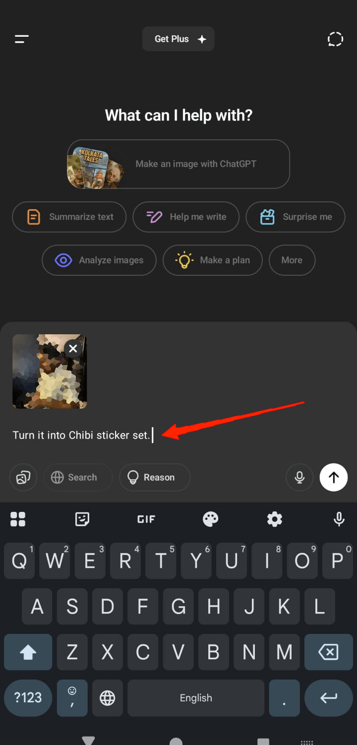 Upload a photo from gallery, files, or use camera and request a chibi sticker set.