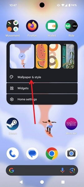 Выбор Обои и оформление в меню домашнего экрана Android