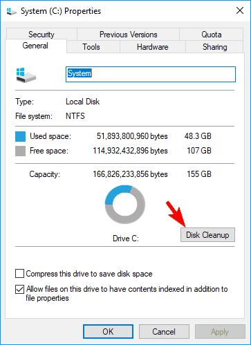 Кнопка «Очистка диска» в окне свойств диска