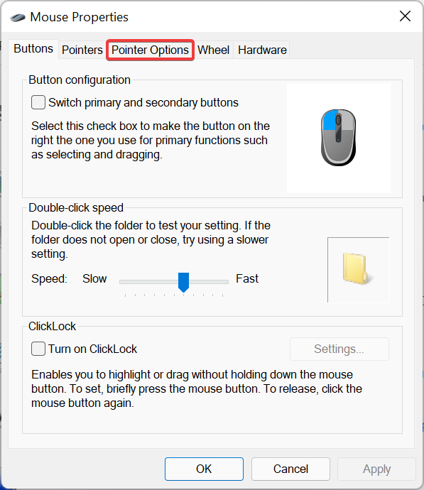 Вкладка 'Параметры указателя' в свойствах мыши