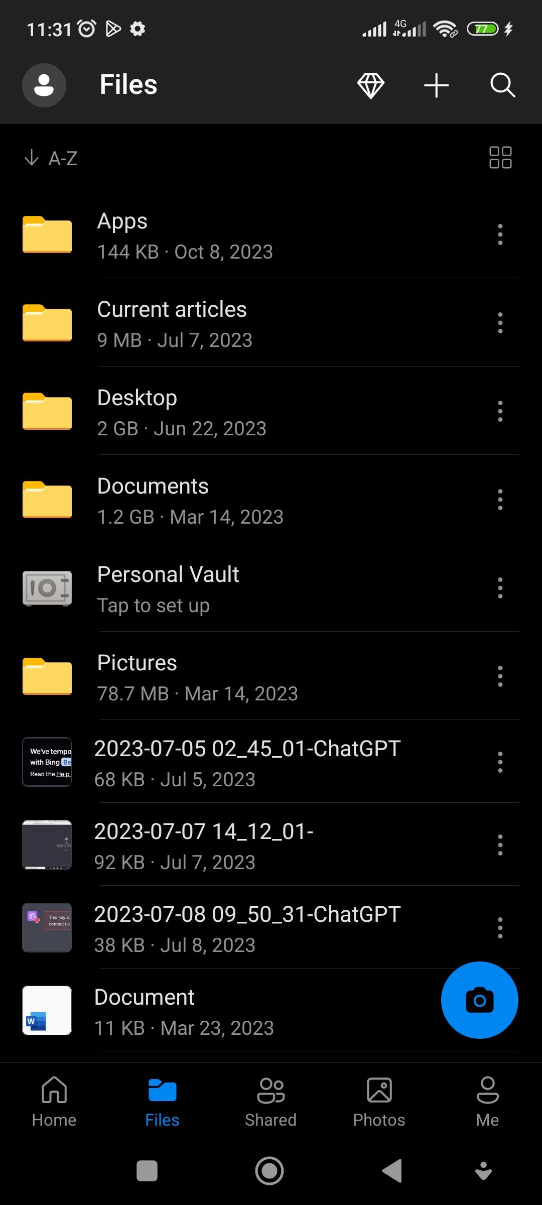 скриншот OneDrive с документами на мобильном устройстве
