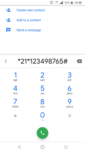 Экран набора кода переадресации в дикпере телефона