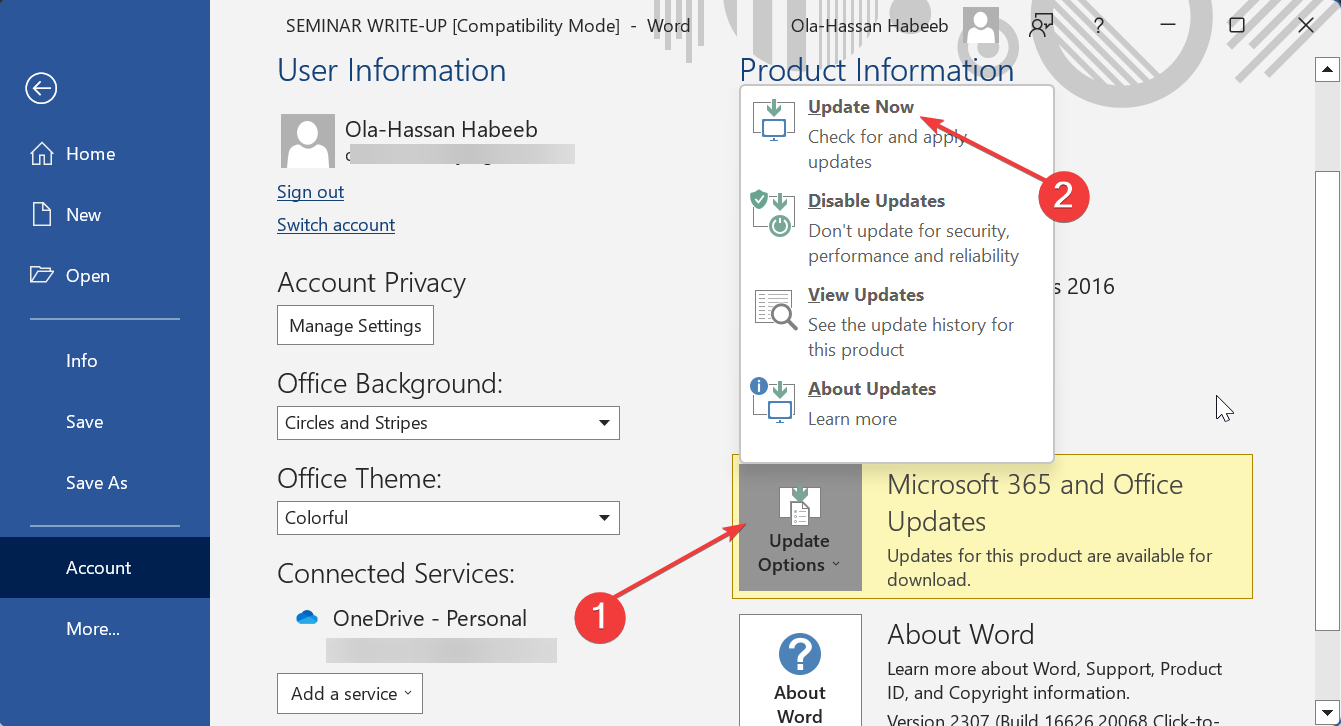 Пункт меню «Обновить сейчас» для Office.