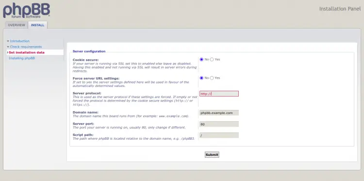 Параметры подключения к базе данных в установщике phpBB