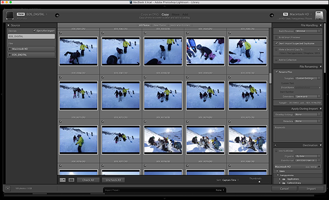 Окно импорта Lightroom
