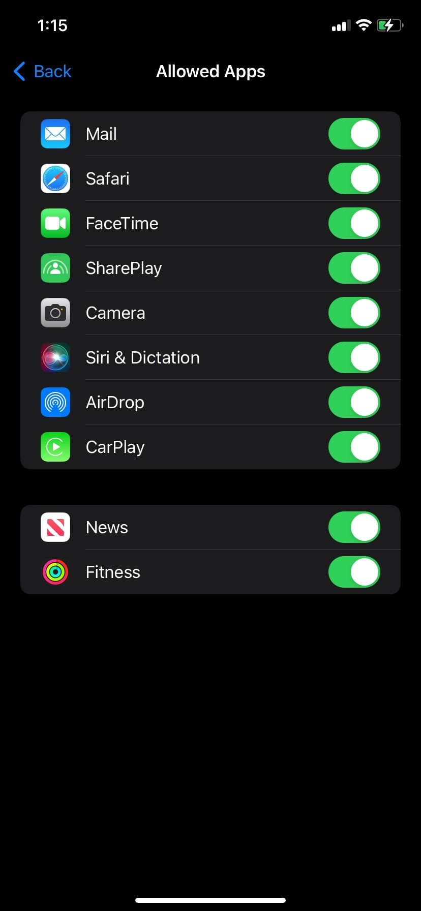 Опция Ограничения контента и конфиденциальности в Настройках
