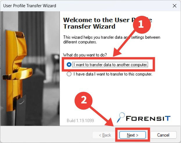 Страница приветствия Transwiz с выбором переноса данных на другой компьютер