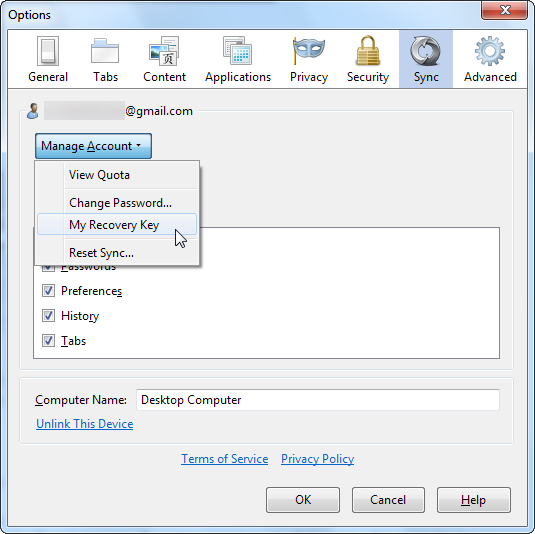 Опция для просмотра и сохранения ключа восстановления