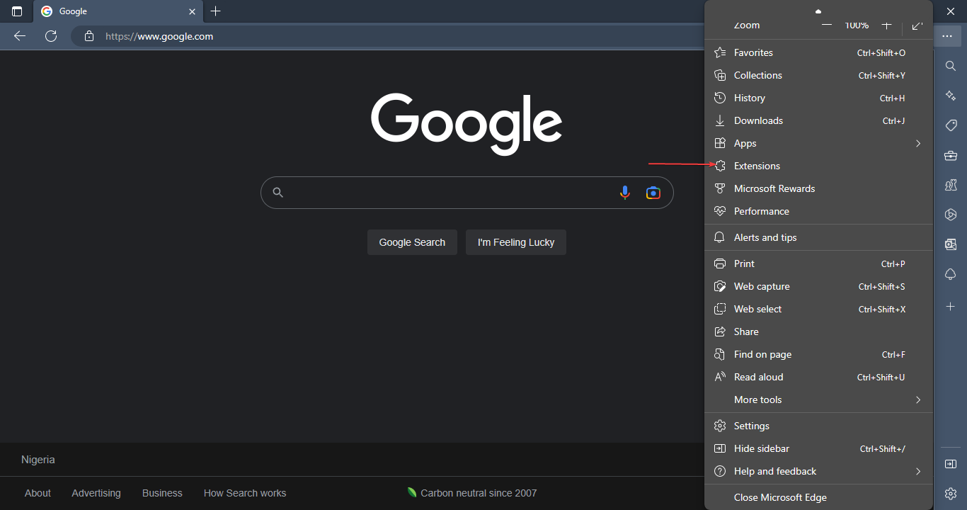 Меню Расширения в Microsoft Edge
