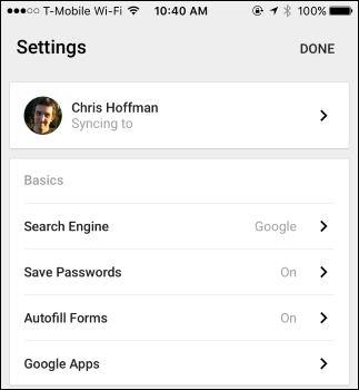 Скриншот: настройки автозаполнения паролей в мобильном Chrome
