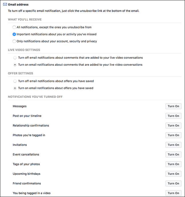Настройки email-уведомлений Facebook — список категорий
