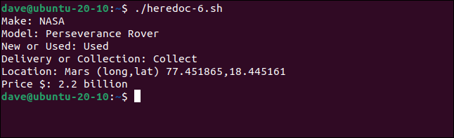 Вывод скрипта heredoc-6.sh в терминале — данные автомобиля