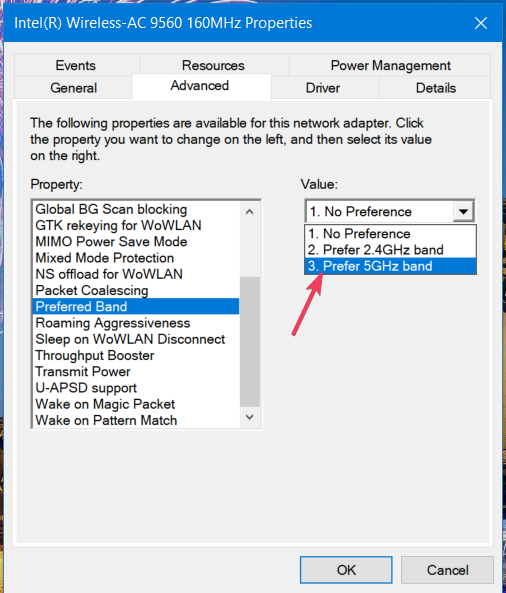 Выбор Prefer 5GHz band в сетевых настройках Windows