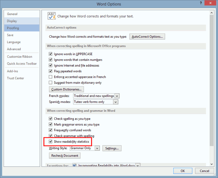Параметры проверки с опцией Включить показатели читаемости