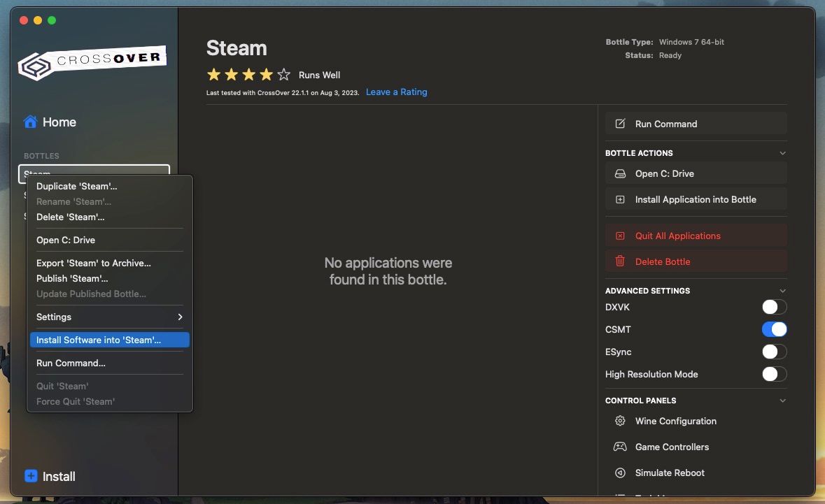 Контекстное меню бутылки Steam в CrossOver