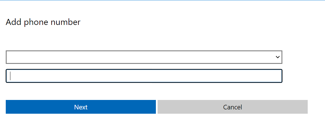 форма добавления номера телефона для восстановления аккаунта Outlook