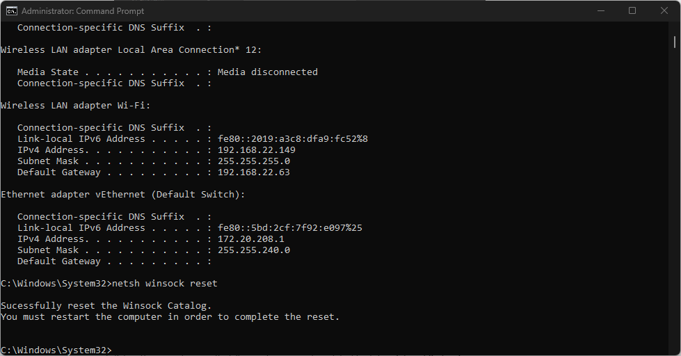 Командная строка Windows с выполненными командами сброса сети