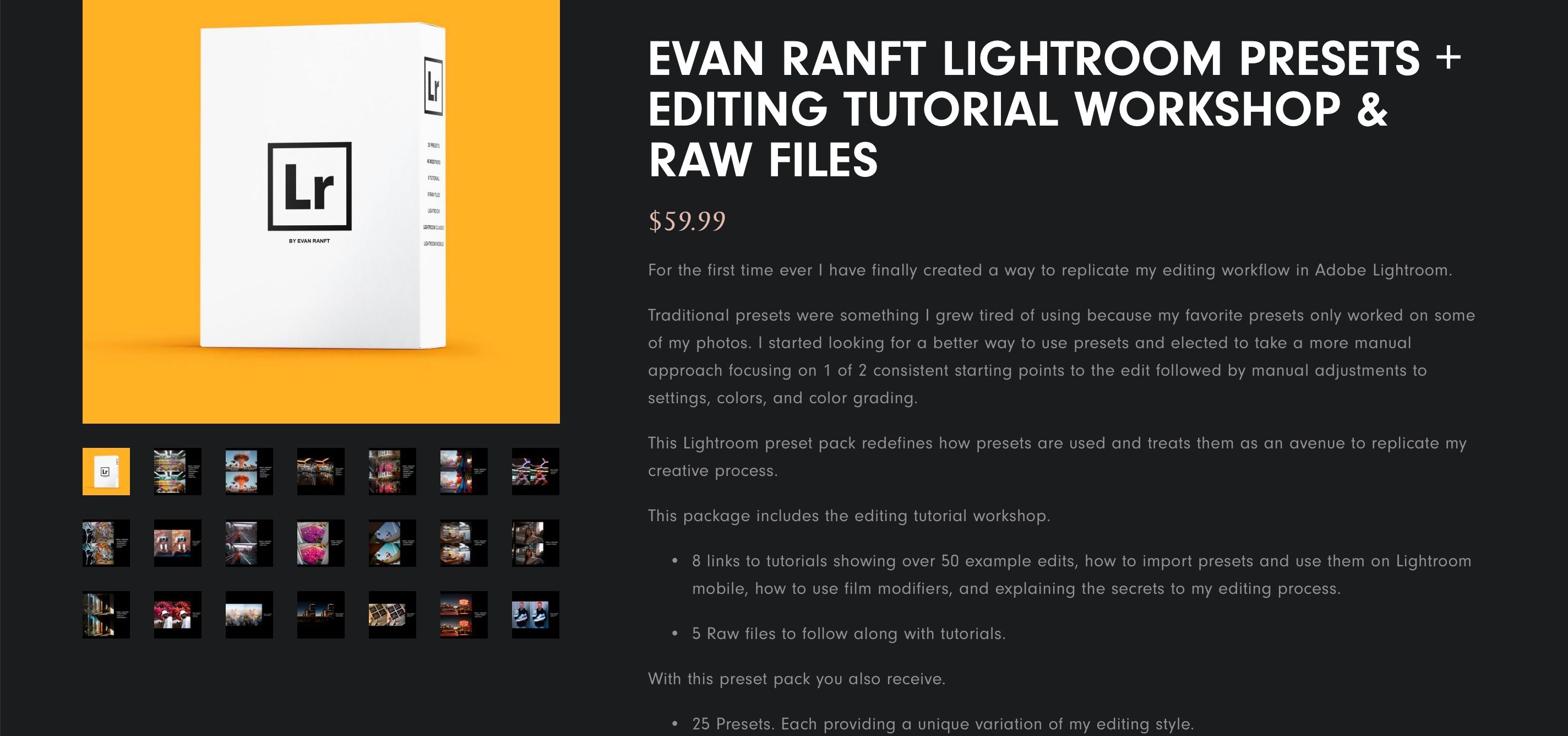 Страница магазина фотографа с пресетами Lightroom на сайте