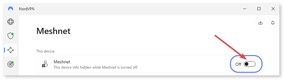 Переключатель Meshnet включён в приложении NordVPN
