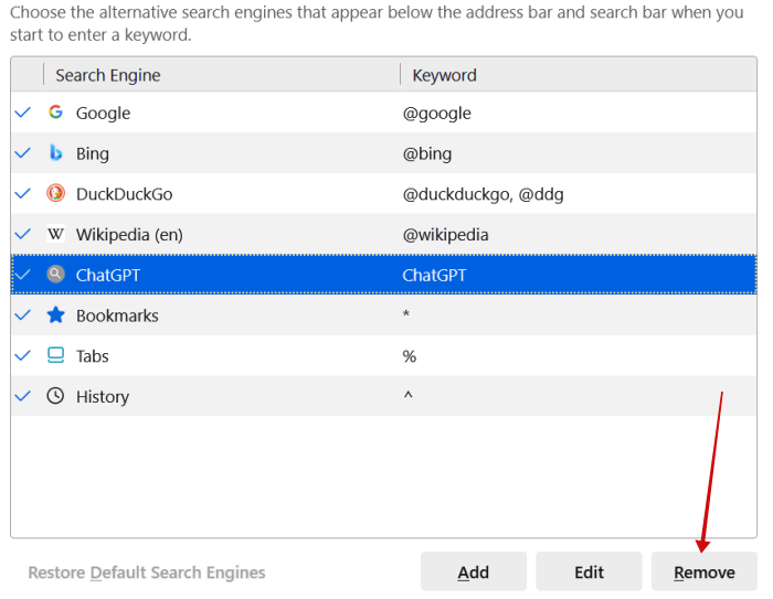 Удаление ChatGPT как поисковой системы в Firefox на ПК.