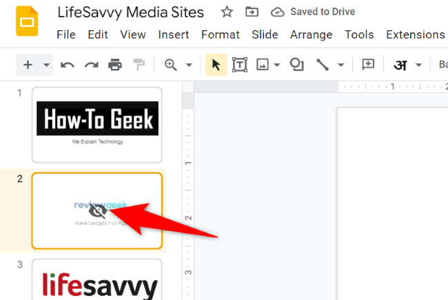 Скрытый слайд в миниатюрах Google Slides — иконка перечёркнутого глаза.