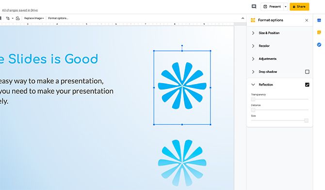 Параметры отражения (Reflection) в Google Slides